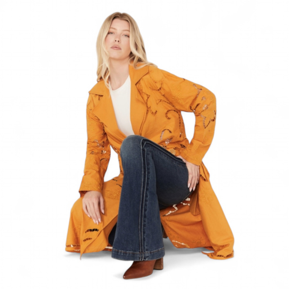 Free People Eyelet Linen Susanna Autumn Marigold Duster Jacket XS NWOT - Picture 15 of 15